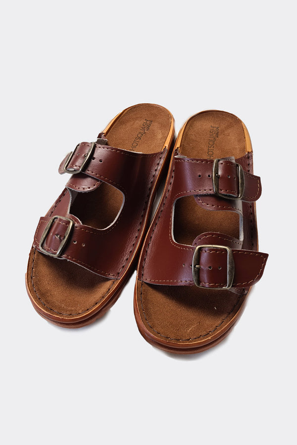 hot squash Premium Handcrafted 2 Strap Leather Men's Sliders Walnut Brown