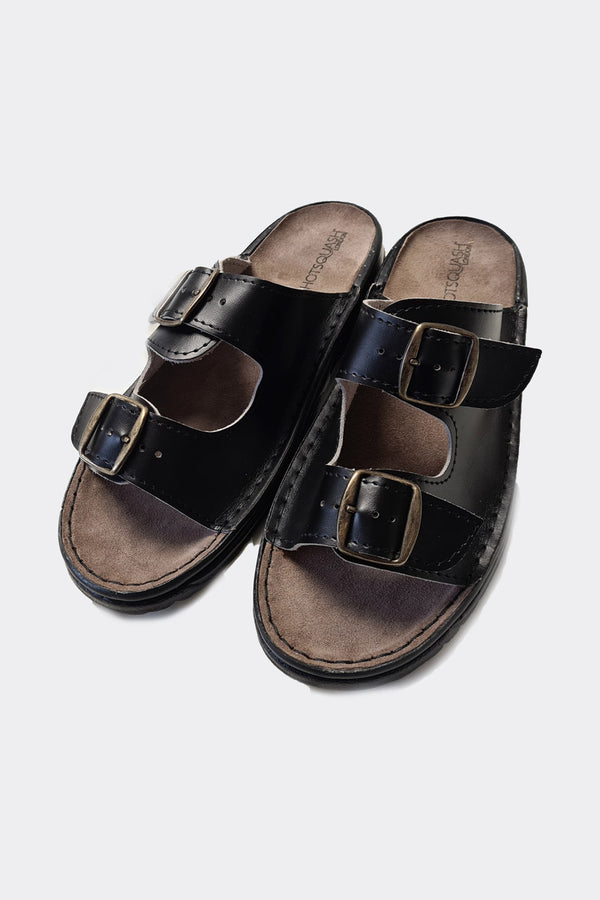 hot squash Premium Handcrafted 2 Strap Leather Men's Sliders Coal Black