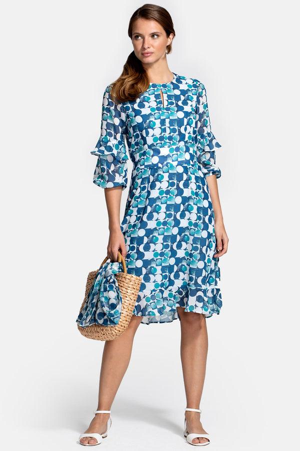Hot Squash Print Chiffon Dress Blue Circle Geo Print
