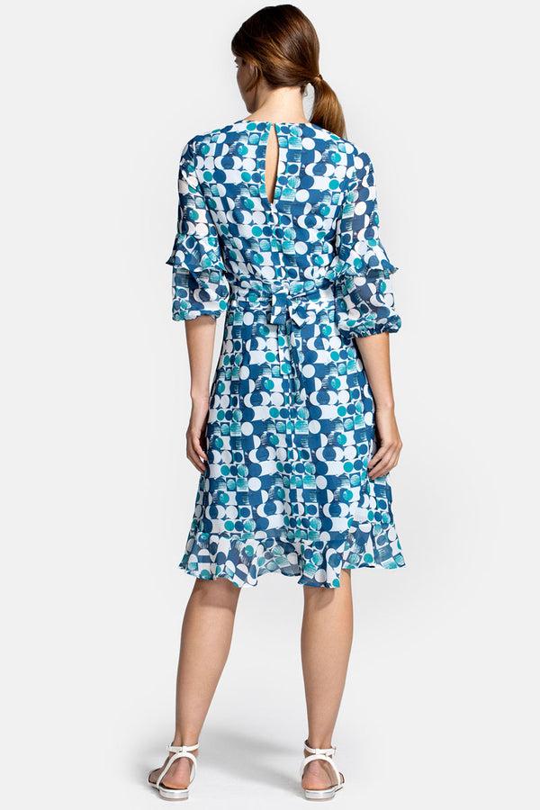 Hot Squash Print Chiffon Dress Blue Circle Geo Print