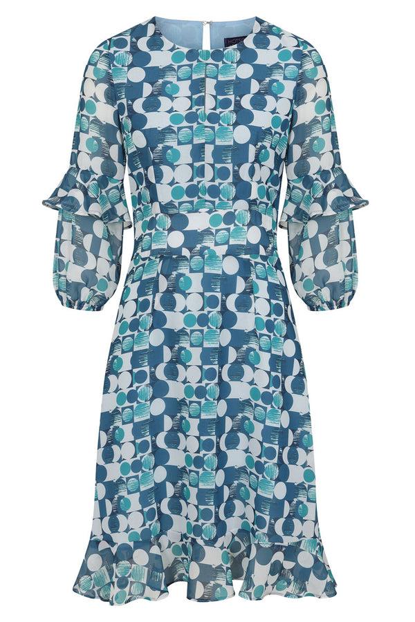 Hot Squash Print Chiffon Dress Blue Circle Geo Print