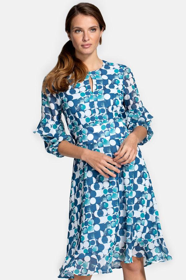 hot squash Print Chiffon Dress Blue Circle Geo Print