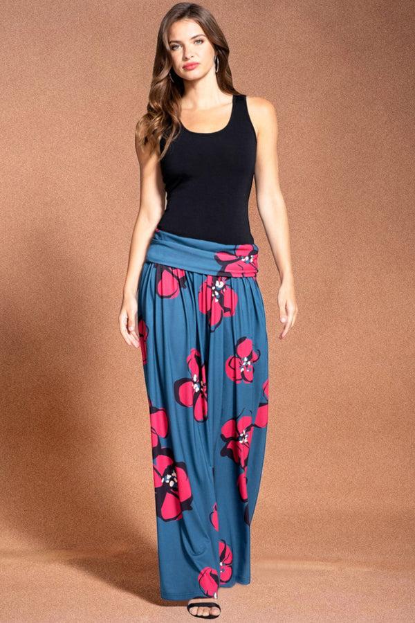 Hot Squash Roll Top Maxi Skirt Painterley Floral Teal / Coral