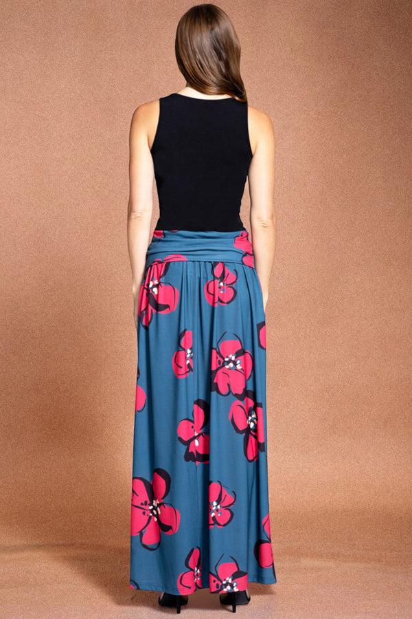 Hot Squash Roll Top Maxi Skirt Painterley Floral Teal / Coral