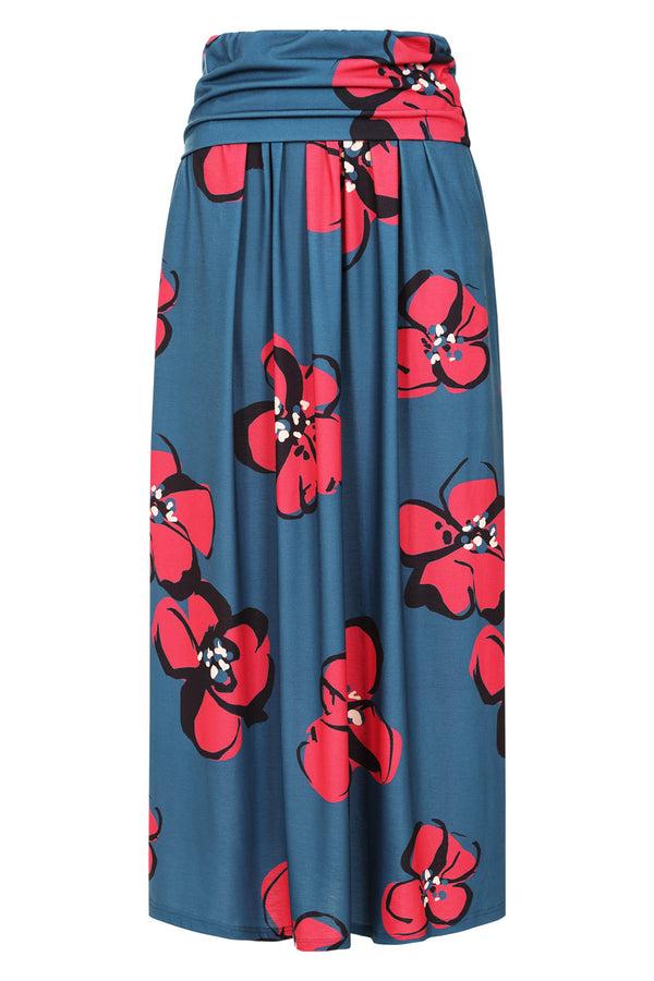 Hot Squash Roll Top Maxi Skirt Painterley Floral Teal / Coral