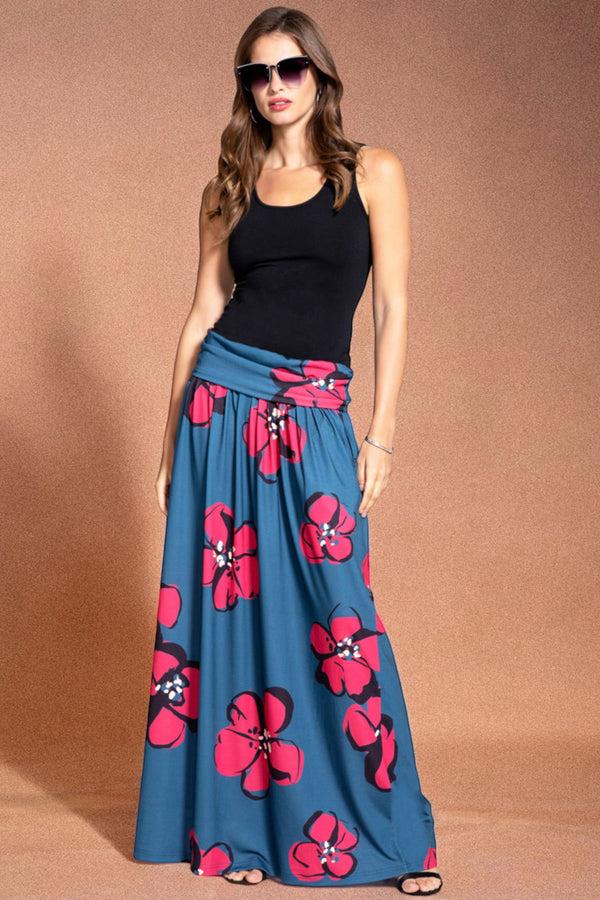 hot squash Roll Top Maxi Skirt Painterley Floral Teal / Coral