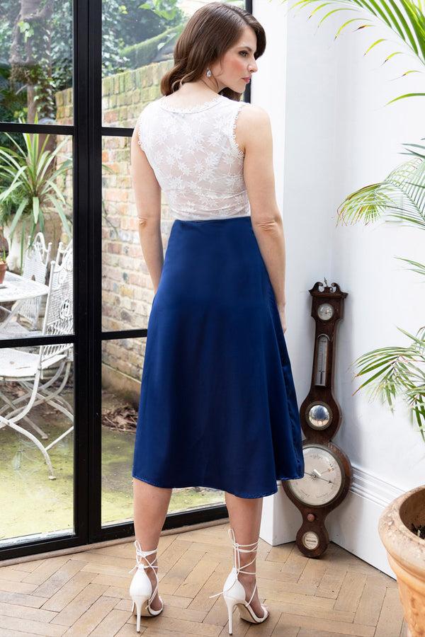 Hot Squash Satin Midi Skirt With Side Split Midnight Blue