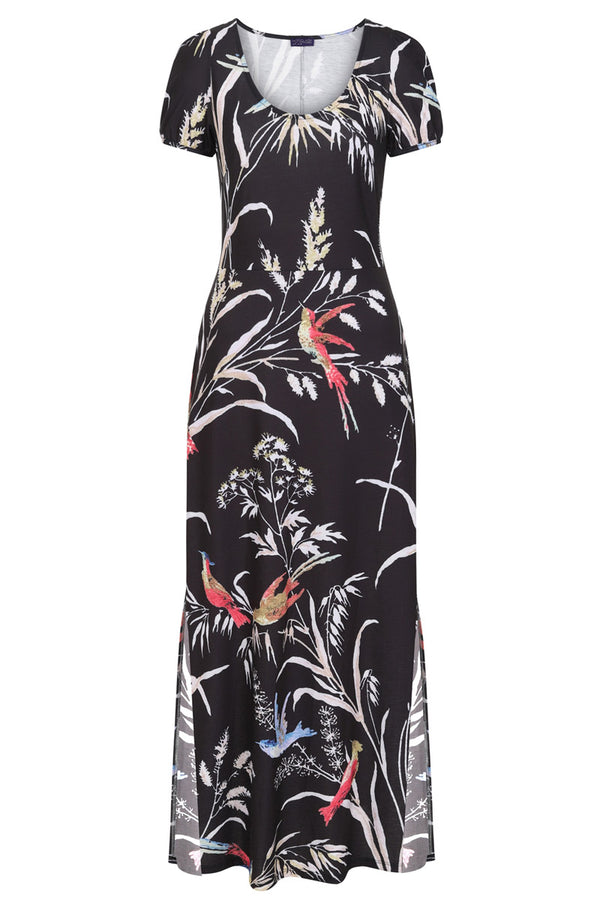 Hot Squash Scoop Neck Maxi T-Shirt Dress With Split Bird Print