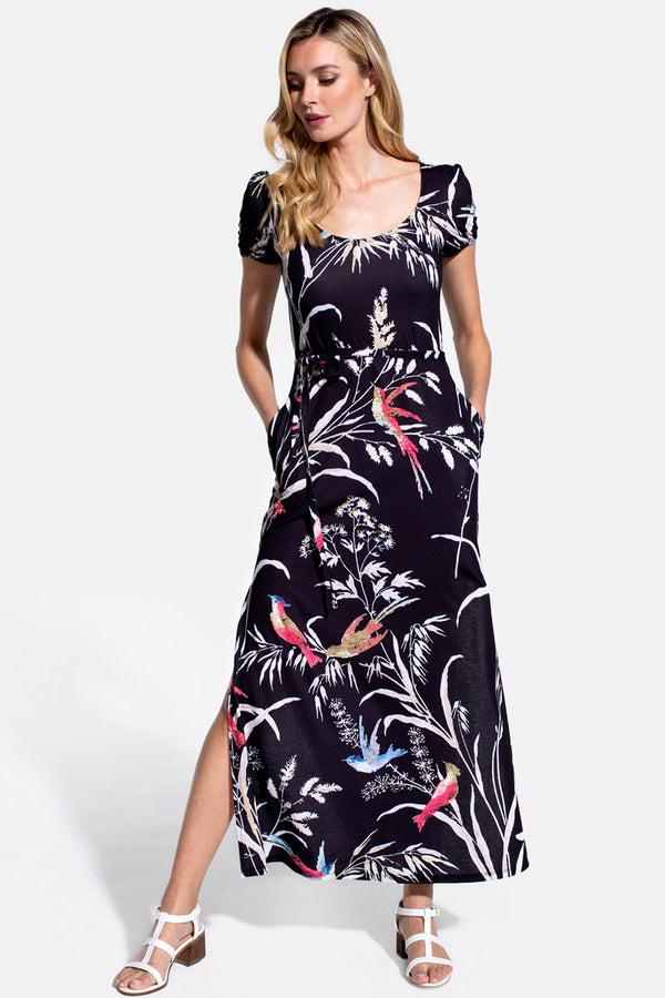 hot squash Scoop Neck Maxi T-Shirt Dress with Split Bird Print