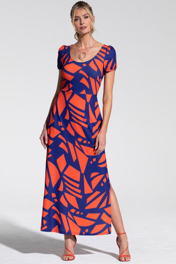 hot squash Scoop Neck Maxi T-Shirt Dress with Split Matisse Print Blue/Red