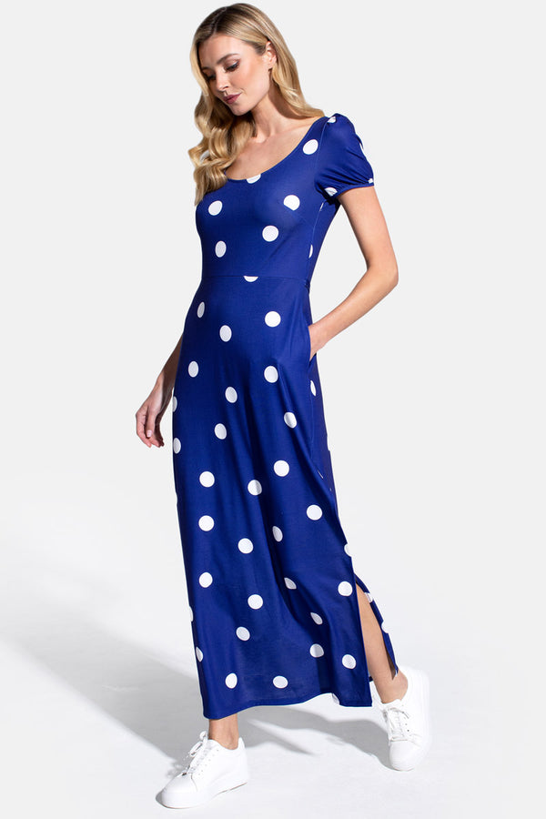 Hot Squash Scoop Neck Maxi T-Shirt Dress With Split Navy Polka Dot