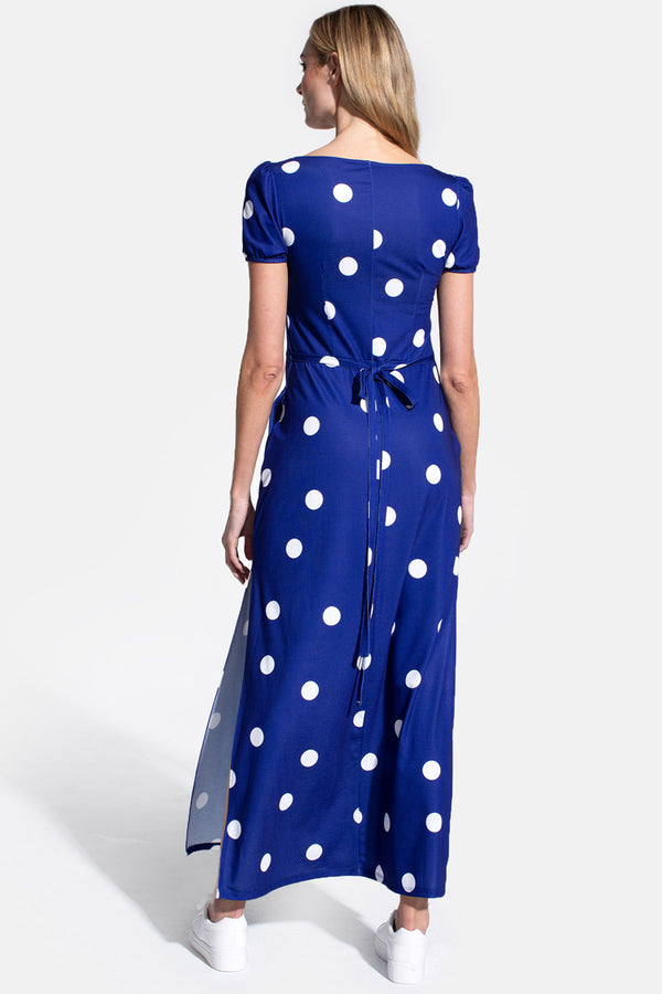Hot Squash Scoop Neck Maxi T-Shirt Dress With Split Navy Polka Dot