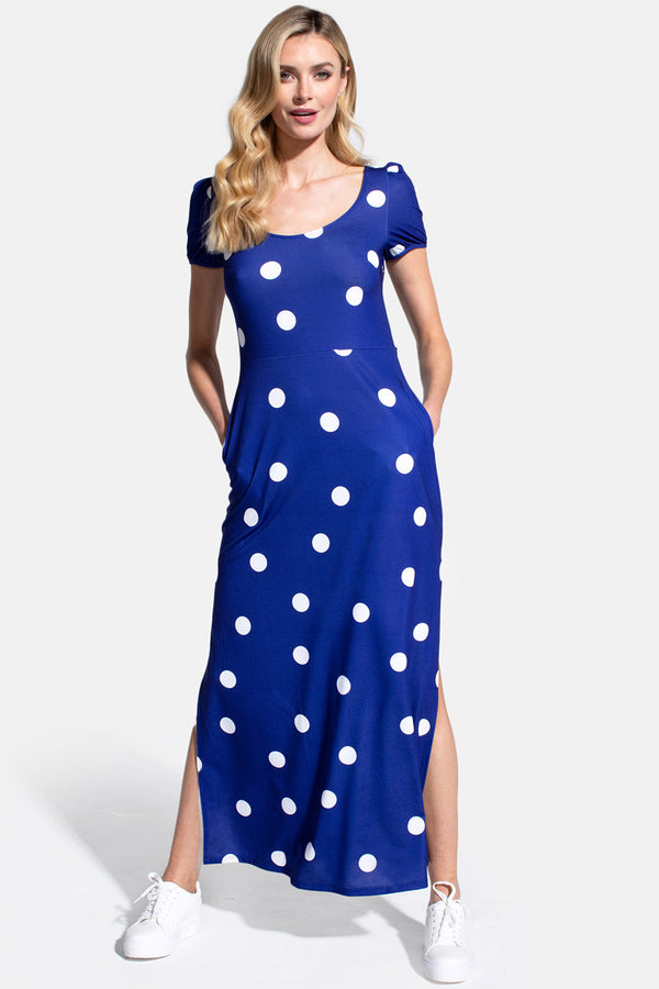 hot squash Scoop Neck Maxi T-Shirt Dress with Split Navy Polka Dot