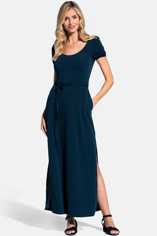 hot squash Scoop Neck Maxi T-Shirt Dress with Split Solid Teal