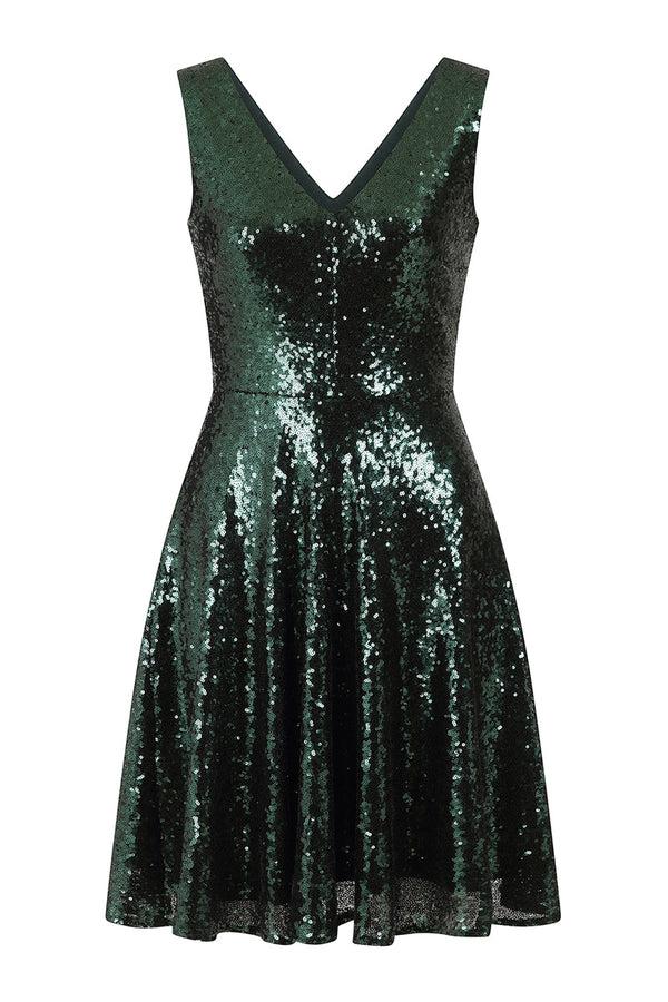 Hot Squash Sequin V Neck Fit And Flare Dress Bottle Green