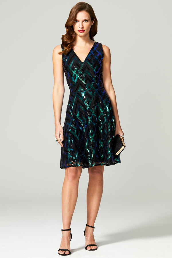 Hot Squash Sequin V Neck Fit And Flare Dress Green Zig-Zag