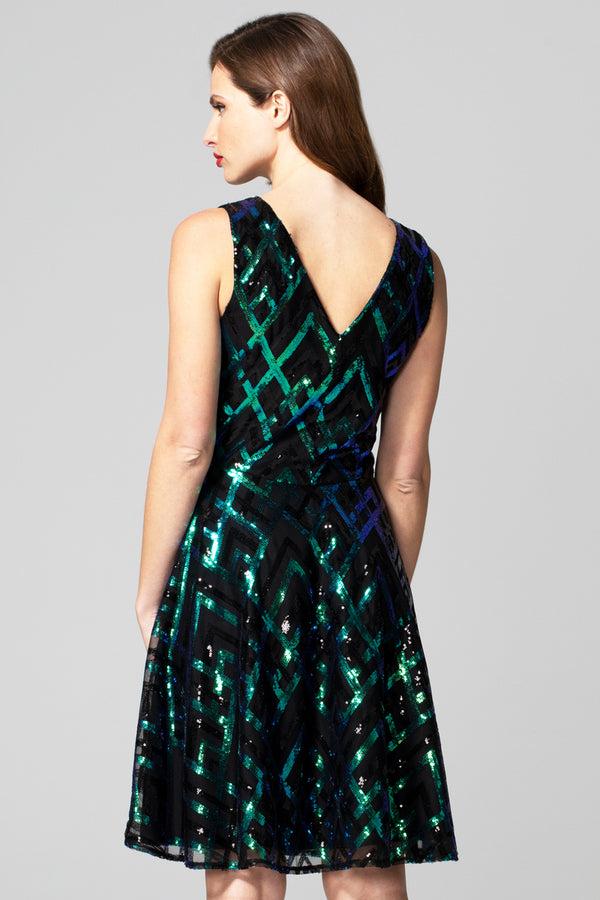 Hot Squash Sequin V Neck Fit And Flare Dress Green Zig-Zag