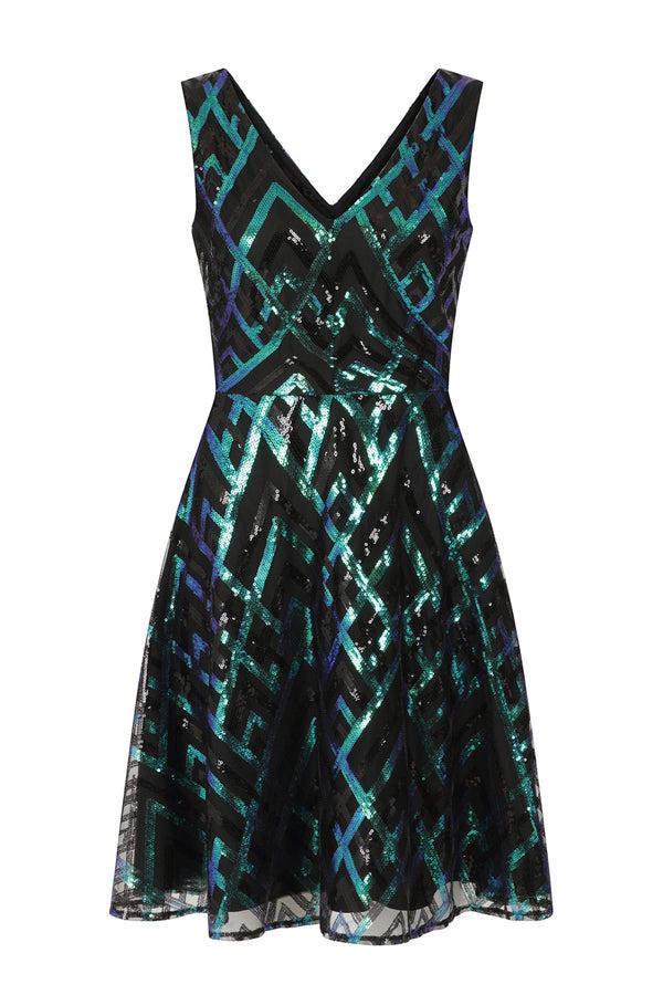 Hot Squash Sequin V Neck Fit And Flare Dress Green Zig-Zag