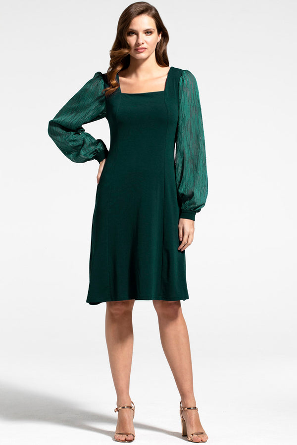 hot squash Square Neck Jersey Dress with Chiffon Bottle Green
