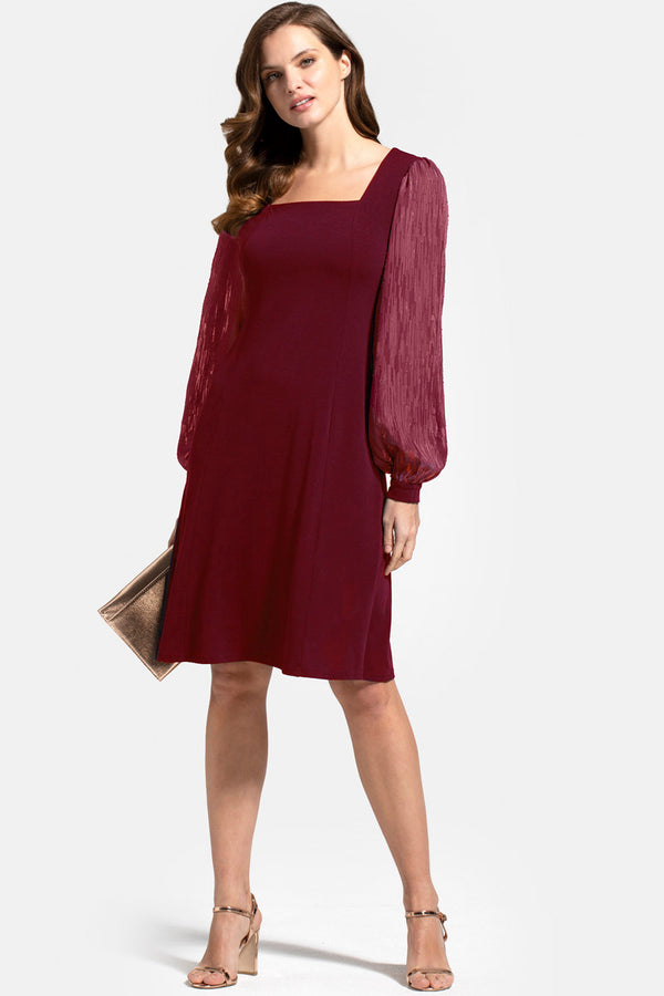 hot squash Square Neck Jersey Dress with Chiffon Burgundy