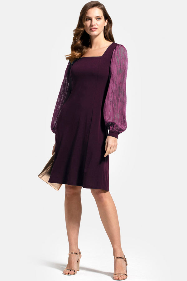hot squash Square Neck Jersey Dress with Chiffon Damson