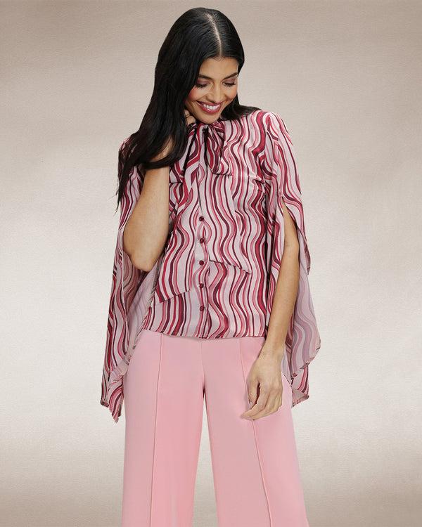 Hot Squash Statement Sleeve Blouse With Bow Ties Burgundy Wavy Stripes