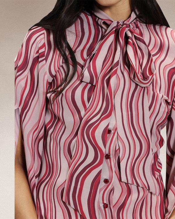 Hot Squash Statement Sleeve Blouse With Bow Ties Burgundy Wavy Stripes