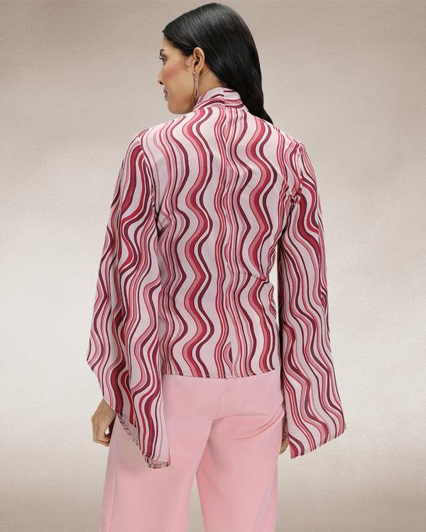 Hot Squash Statement Sleeve Blouse With Bow Ties Burgundy Wavy Stripes