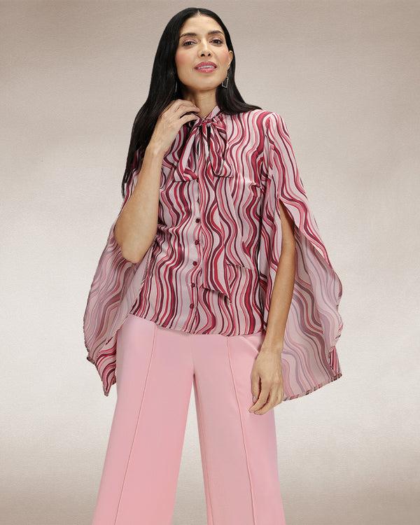 hot squash Statement Sleeve Blouse with Bow Ties Burgundy Wavy Stripes