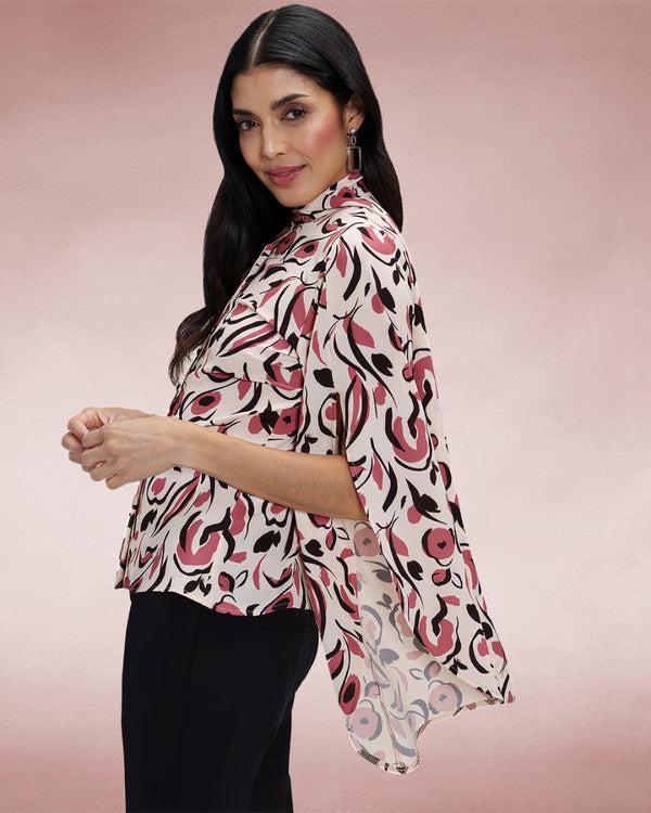 Hot Squash Statement Sleeve Blouse With Bow Ties Cream / Pink Poppies