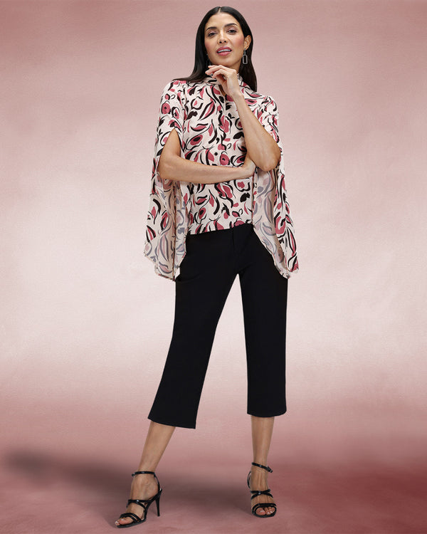 Hot Squash Statement Sleeve Blouse With Bow Ties Cream / Pink Poppies