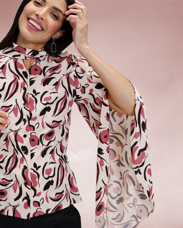 hot squash Statement Sleeve Blouse with Bow Ties Cream / Pink Poppies