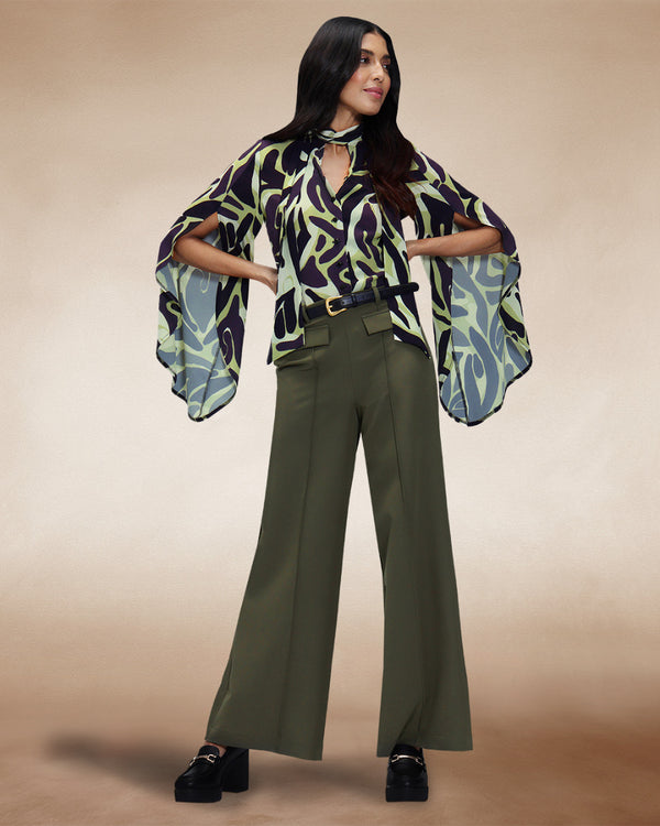 Hot Squash Statement Sleeve Blouse With Bow Ties Green / Black Camo