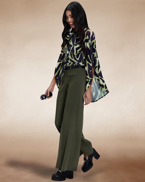 Hot Squash Statement Sleeve Blouse With Bow Ties Green / Black Camo