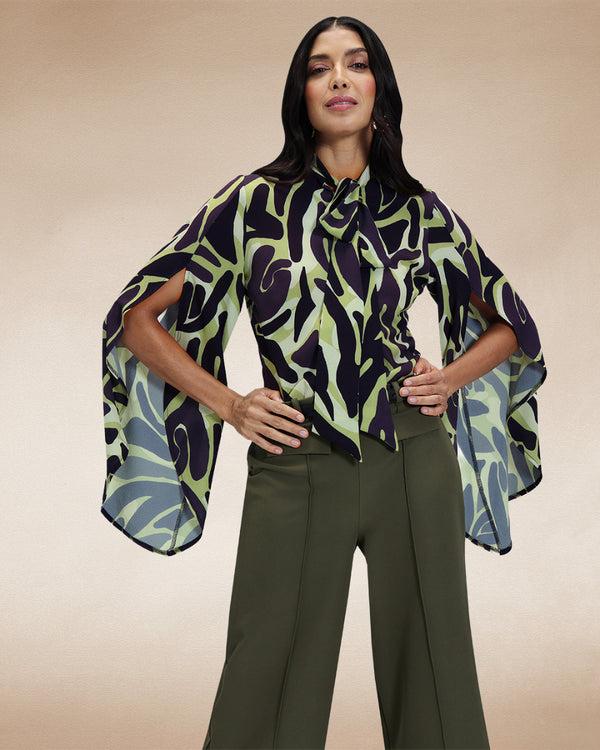 hot squash Statement Sleeve Blouse with Bow Ties Green / Black Camo