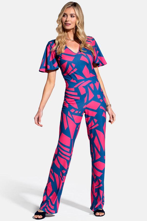 Hot Squash Straight Leg Jumpsuit With V-neck And Flare Sleeves Matisse Print Teal/Coral