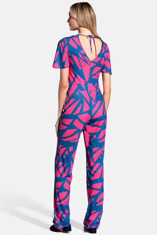 Hot Squash Straight Leg Jumpsuit With V-neck And Flare Sleeves Matisse Print Teal/Coral