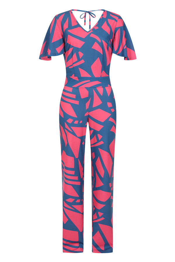 Hot Squash Straight Leg Jumpsuit With V-neck And Flare Sleeves Matisse Print Teal/Coral