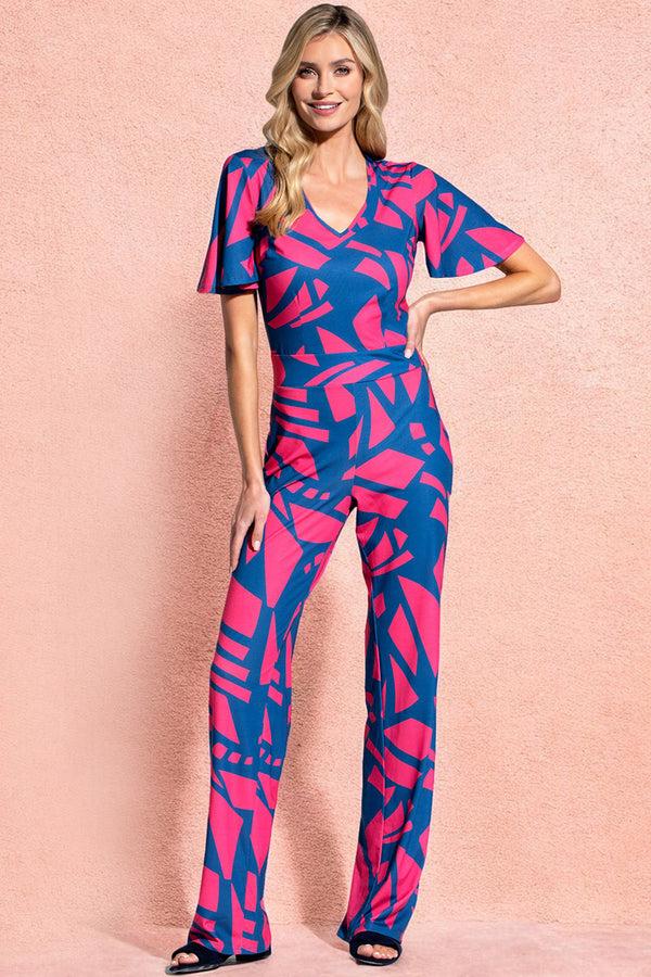 hot squash Straight Leg Jumpsuit with V-neck and Flare Sleeves Matisse Print Teal/Coral