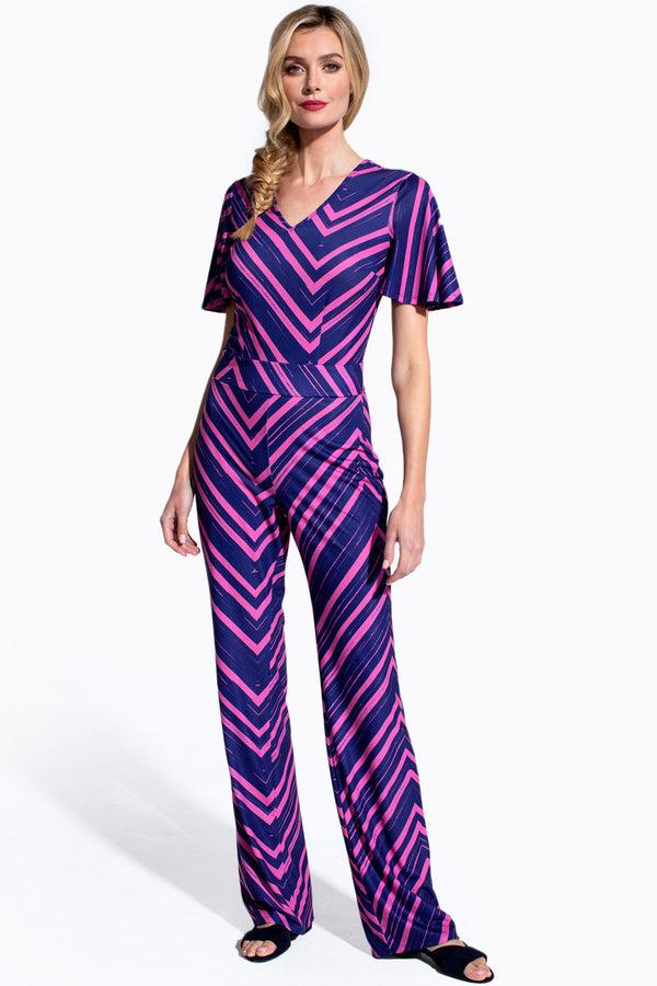 Hot Squash Straight Leg Jumpsuit With V-neck And Flare Sleeves Zig-zag Navy/Pink