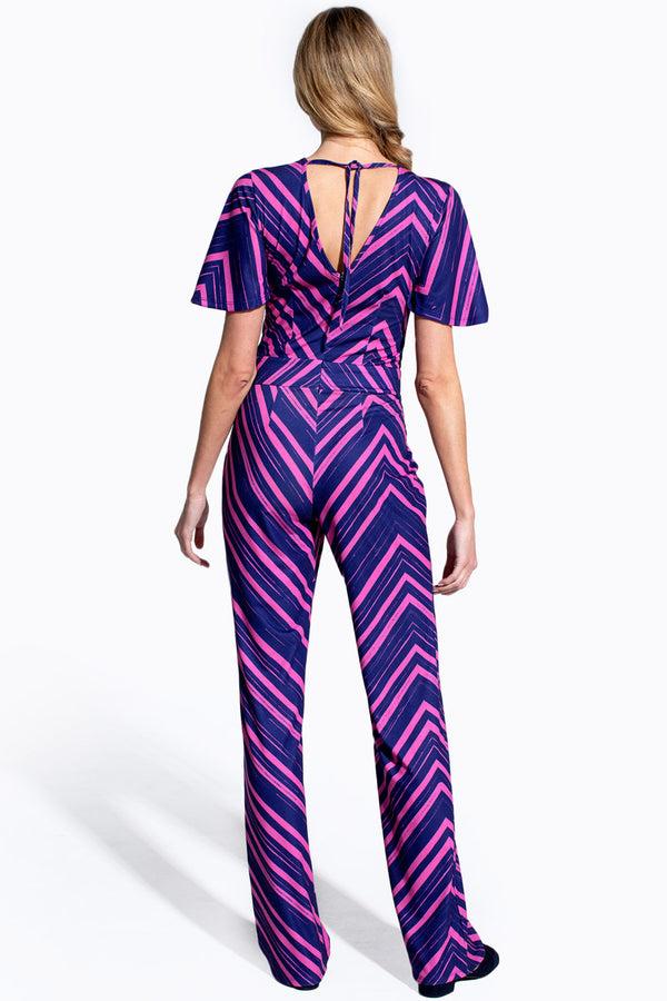 Hot Squash Straight Leg Jumpsuit With V-neck And Flare Sleeves Zig-zag Navy/Pink