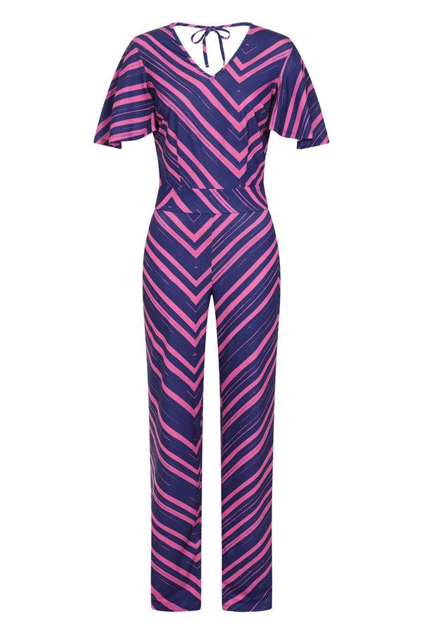 Hot Squash Straight Leg Jumpsuit With V-neck And Flare Sleeves Zig-zag Navy/Pink
