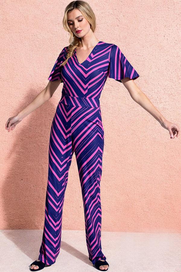 hot squash Straight Leg Jumpsuit with V-neck and Flare Sleeves Zig-zag Navy/Pink