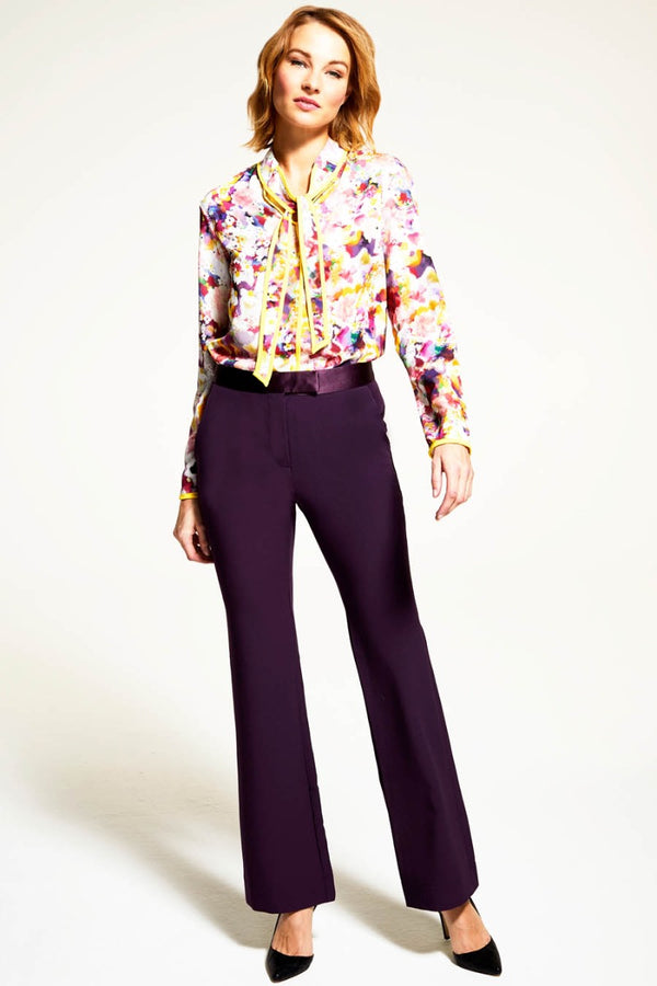 Hot Squash Tie Neck Crepe Blouse Purple With Yellow Piping