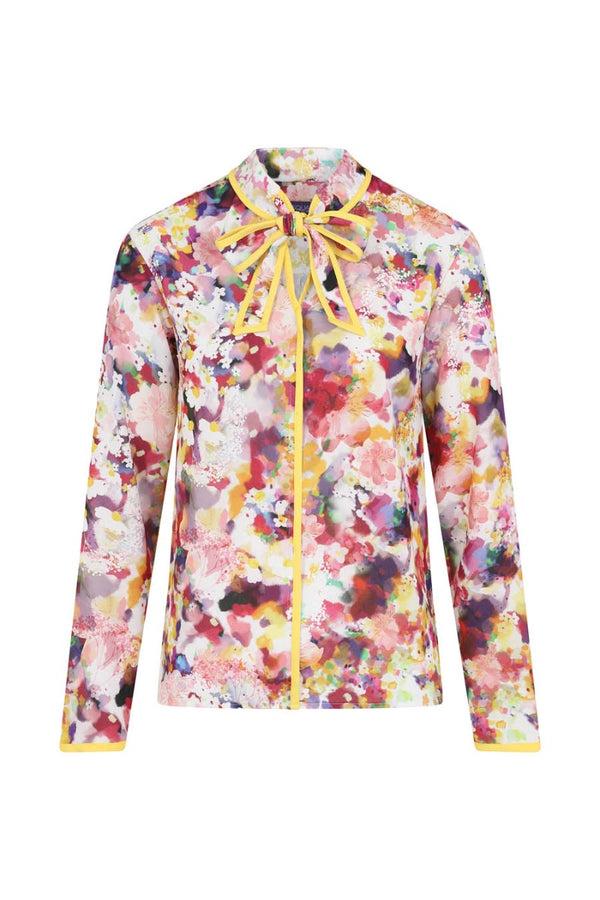 Hot Squash Tie Neck Crepe Blouse Purple With Yellow Piping