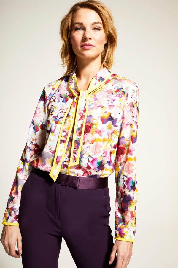 hot squash Tie Neck Crepe Blouse Purple with Yellow Piping