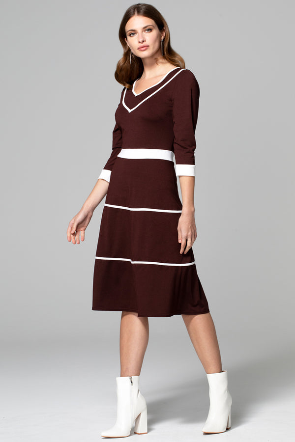 hot squash V Neck Dress with Contrast piping Chocolate and Cream