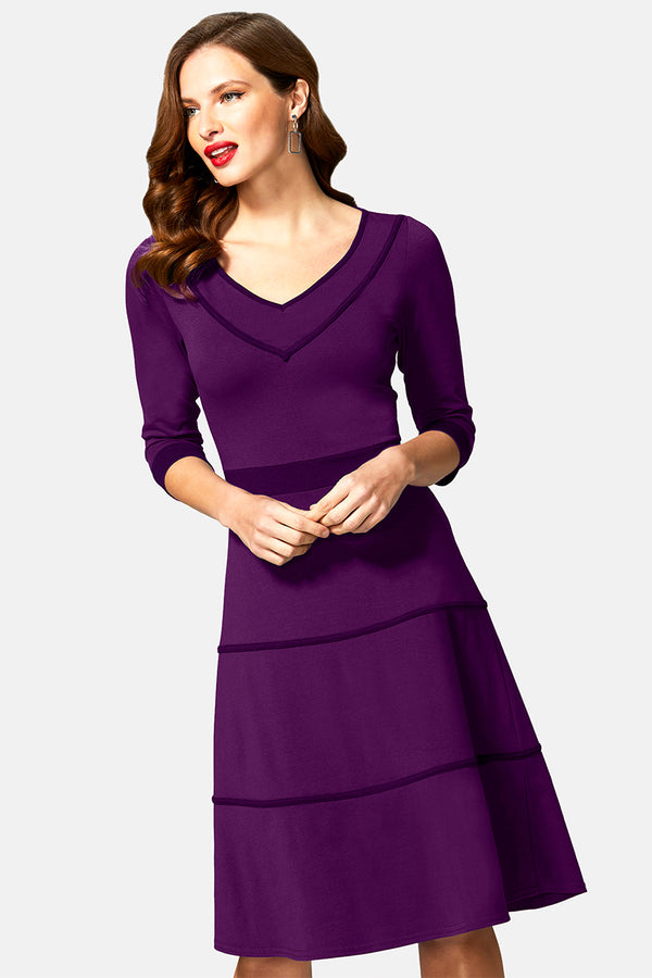 hot squash V Neck Dress with Contrast piping Purple with Damson Piping