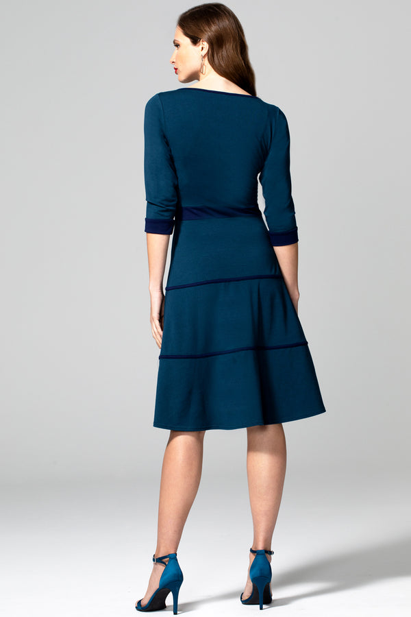 Hot Squash V Neck Dress With Contrast Piping Teal And Navy
