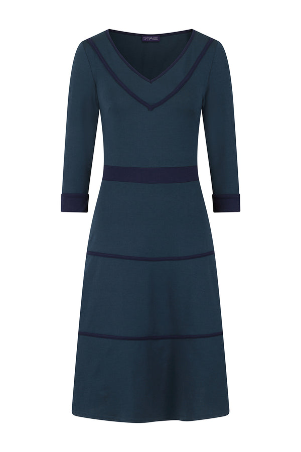 Hot Squash V Neck Dress With Contrast Piping Teal And Navy